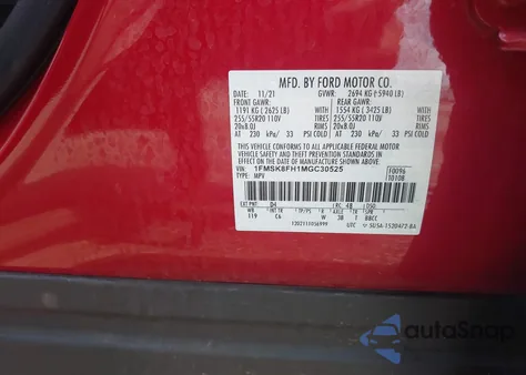 2021 Ford Explorer Limited из США, поврежденный, VIN 1FMSK8FH1MGC30525